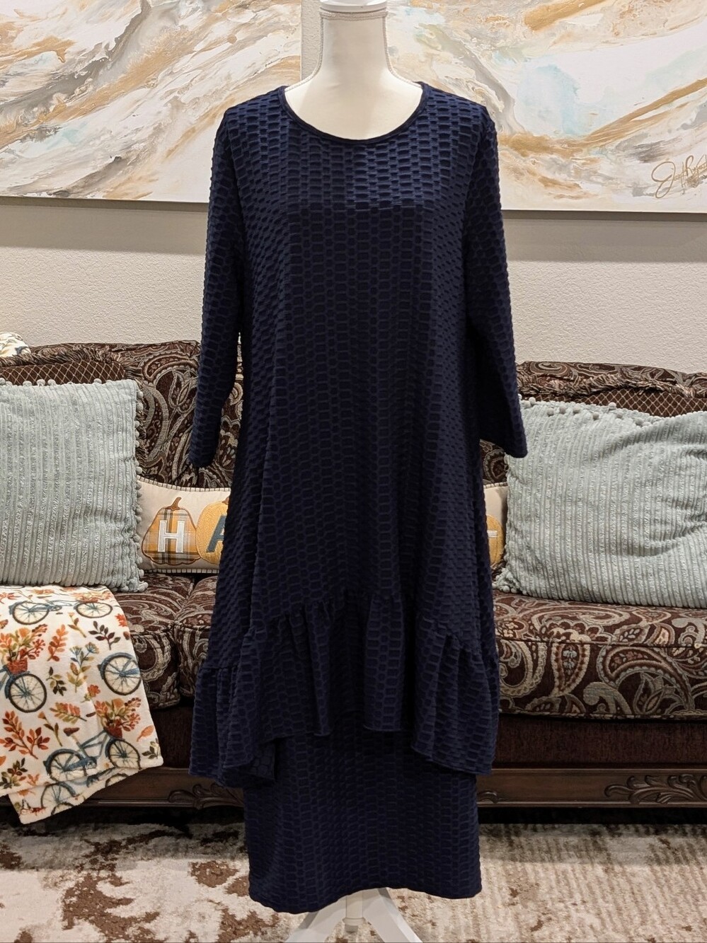 Women's Navy Textured  Skirt Set with Ruffle Hem